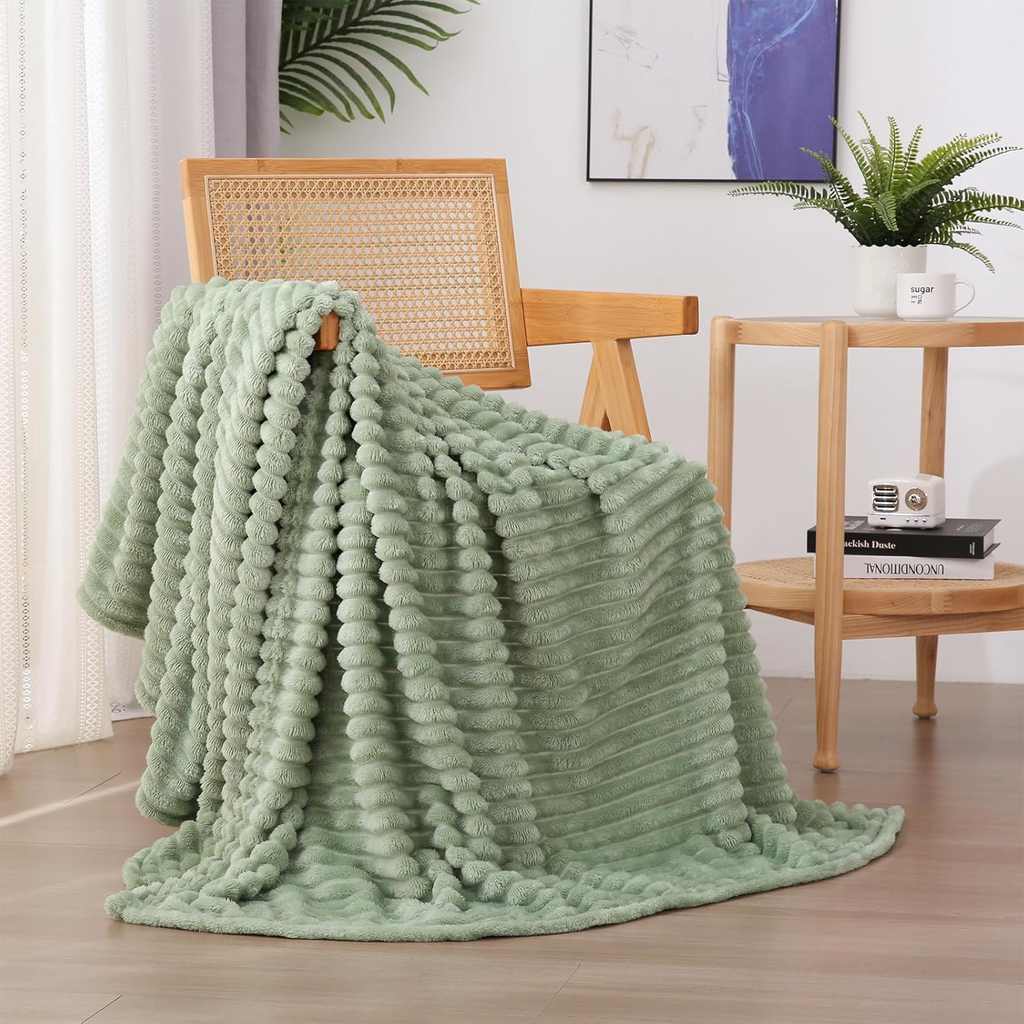 Sage Green Fleece Throw Blanket 50”×60” for Couch Sofa Bed,Super Soft Cozy Plush Microfiber Flannel Blanket with Stri...