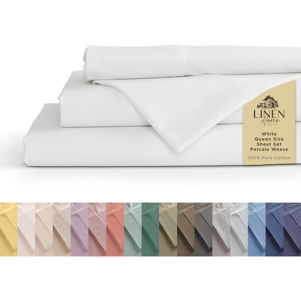 Linen Home 100% Cotton Percale Sheets Queen Size, White, Deep Pocket, 4 Pieces Set - 1 Flat, 1 Deep Pocket Fitted She...