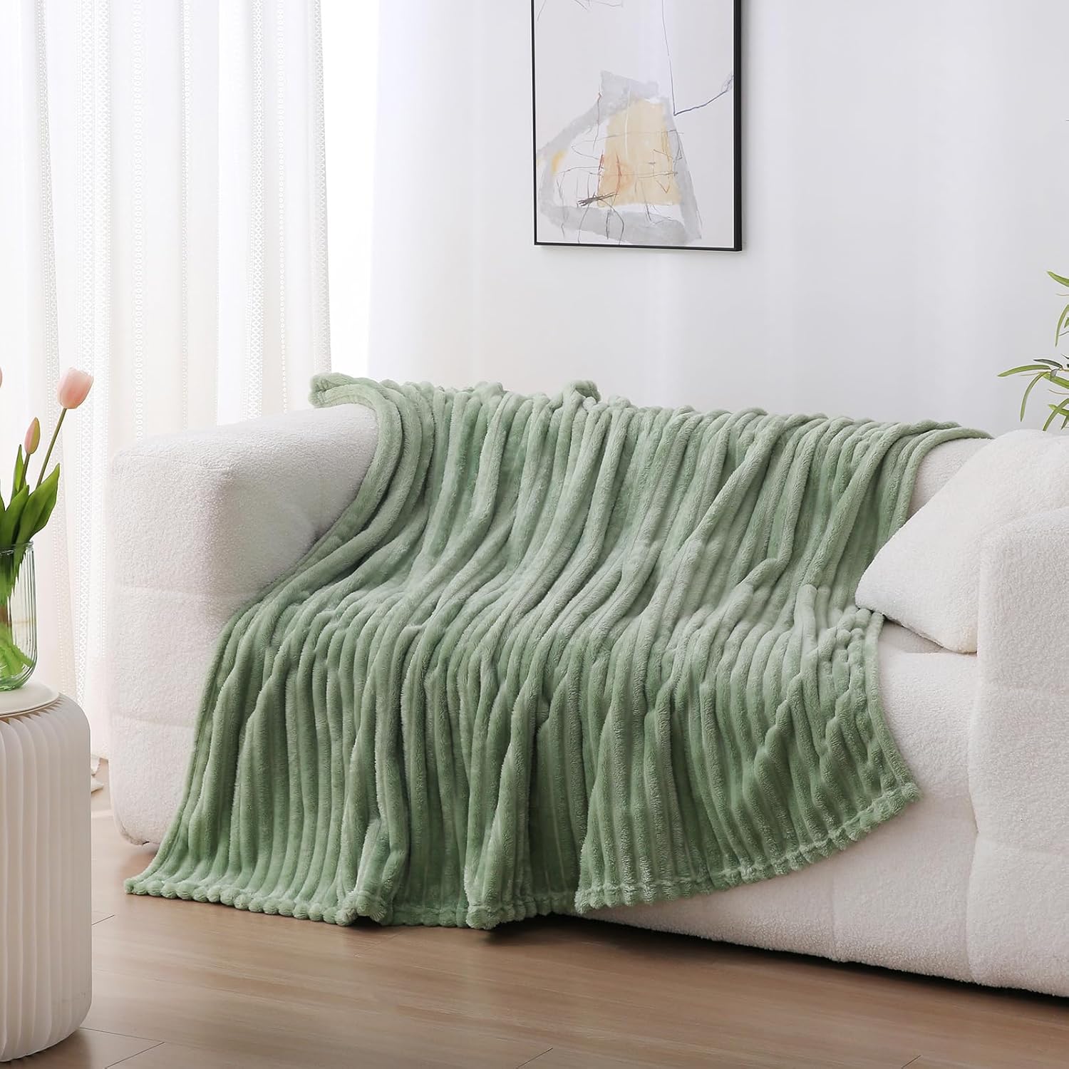 Sage Green Fleece Throw Blanket 50”×60” for Couch Sofa Bed,Super Soft Cozy Plush Microfiber Flannel Blanket with Stri... - Image 2