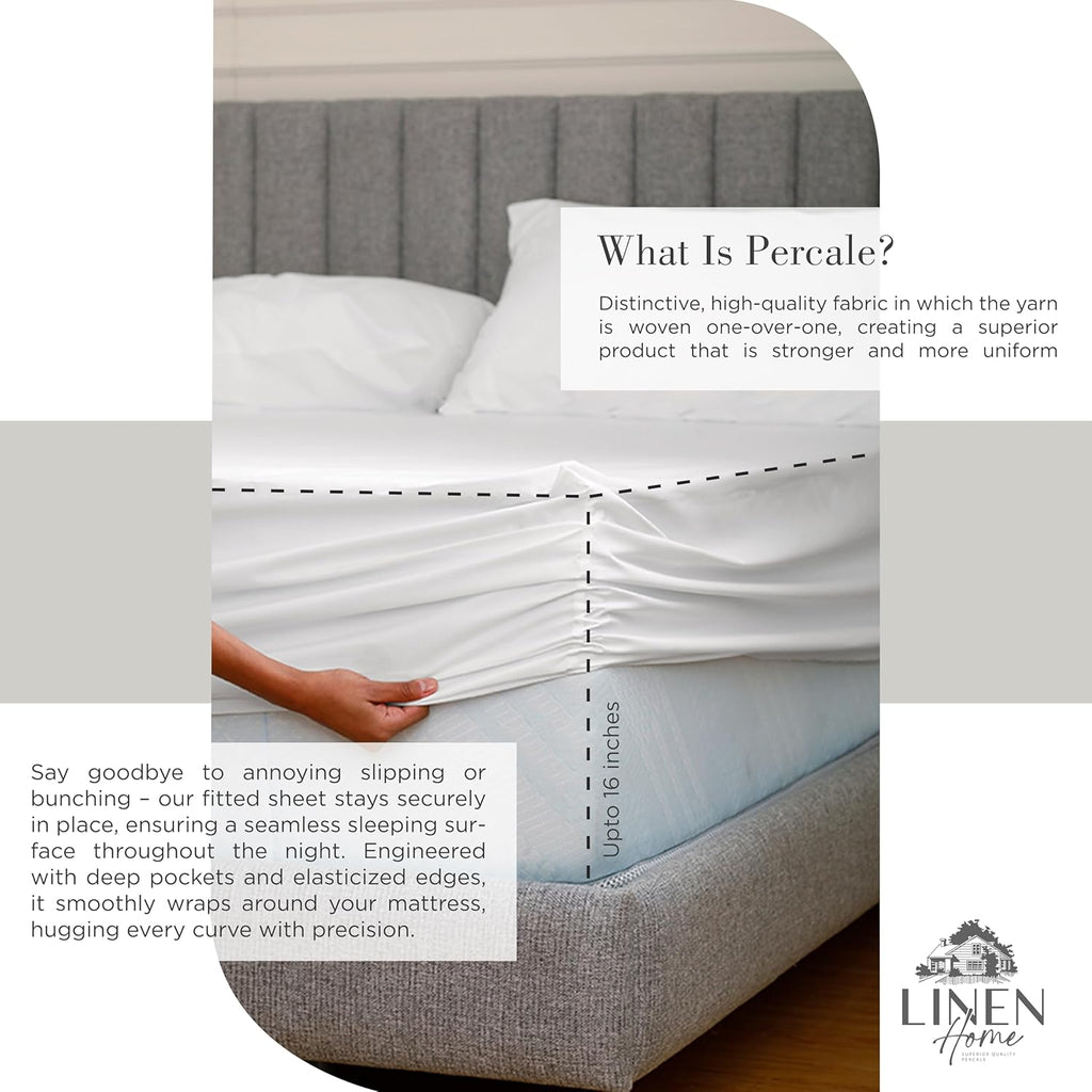Linen Home 100% Cotton Percale Sheets Queen Size, White, Deep Pocket, 4 Pieces Set - 1 Flat, 1 Deep Pocket Fitted She... - Image 4