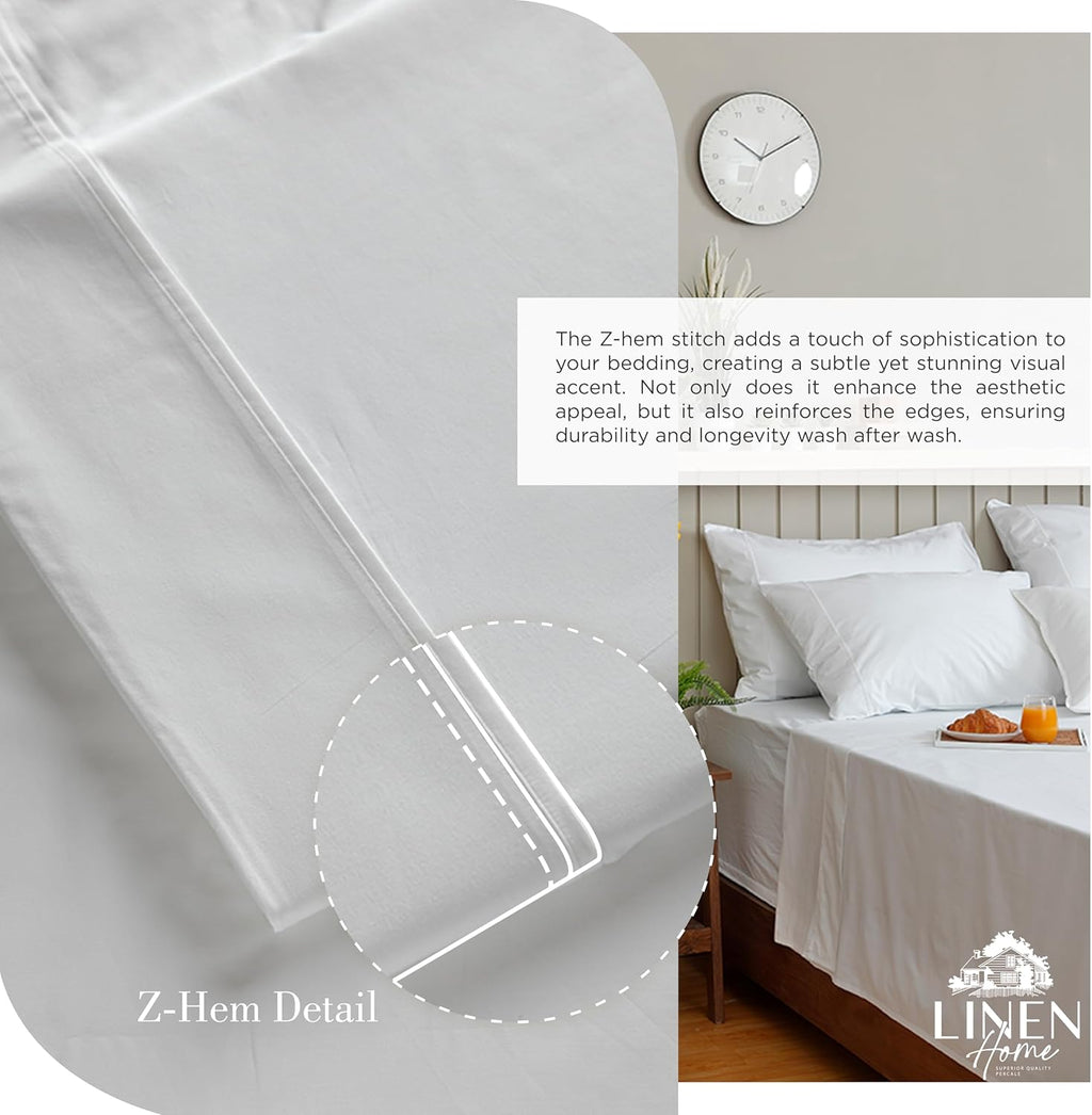 Linen Home 100% Cotton Percale Sheets Queen Size, White, Deep Pocket, 4 Pieces Set - 1 Flat, 1 Deep Pocket Fitted She... - Image 3