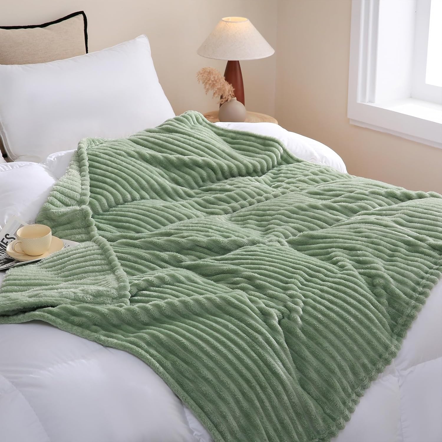 Sage Green Fleece Throw Blanket 50”×60” for Couch Sofa Bed,Super Soft Cozy Plush Microfiber Flannel Blanket with Stri... - Image 4