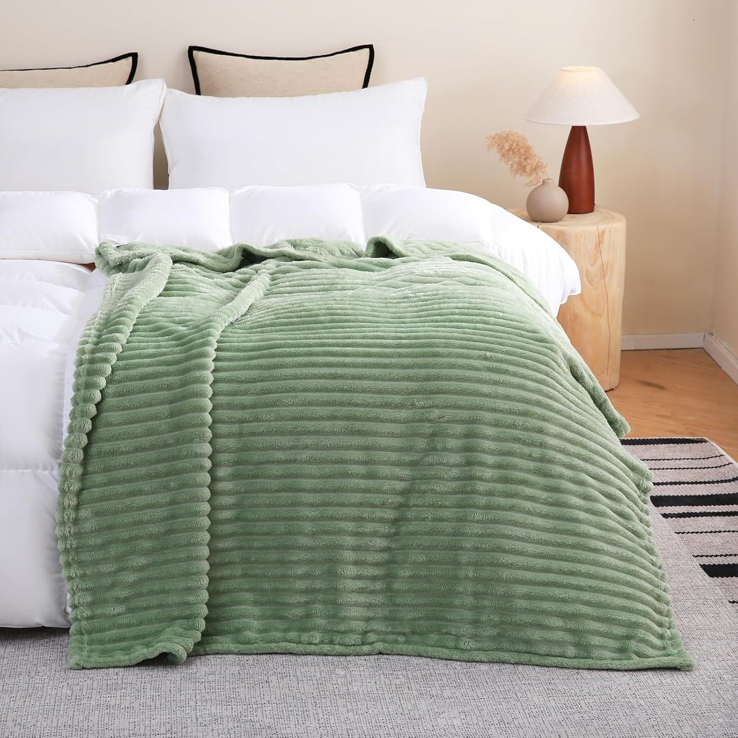 Sage Green Fleece Throw Blanket 50”×60” for Couch Sofa Bed,Super Soft Cozy Plush Microfiber Flannel Blanket with Stri... - Image 3
