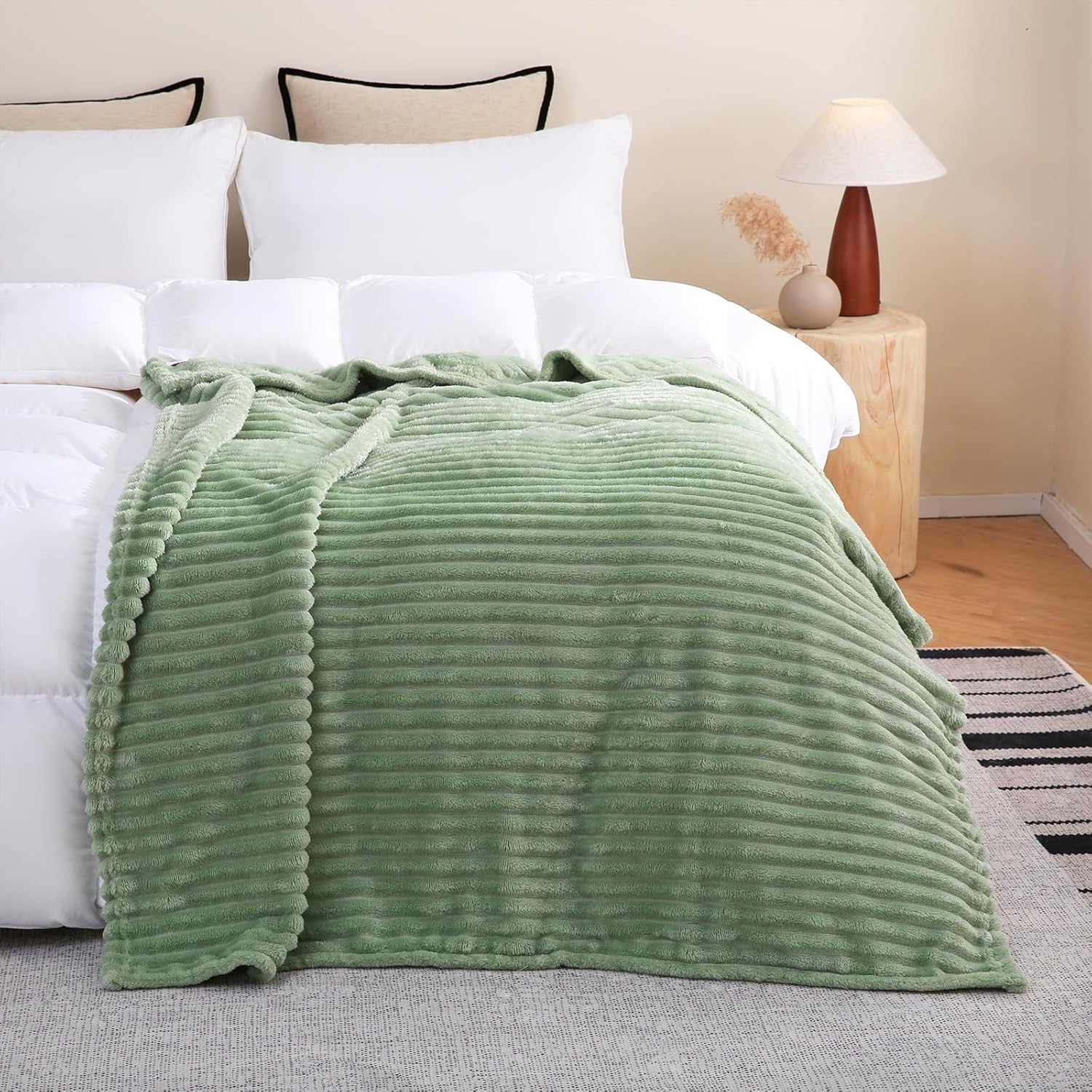 Sage Green Fleece Throw Blanket 50”×60” for Couch Sofa Bed,Super Soft Cozy Plush Microfiber Flannel Blanket with Stri... - Image 3