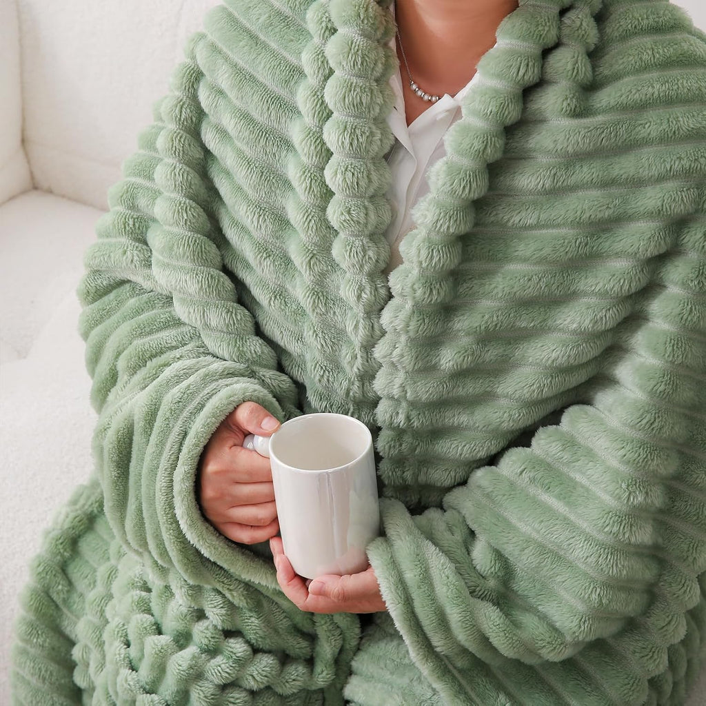 Sage Green Fleece Throw Blanket 50”×60” for Couch Sofa Bed,Super Soft Cozy Plush Microfiber Flannel Blanket with Stri... - Image 5