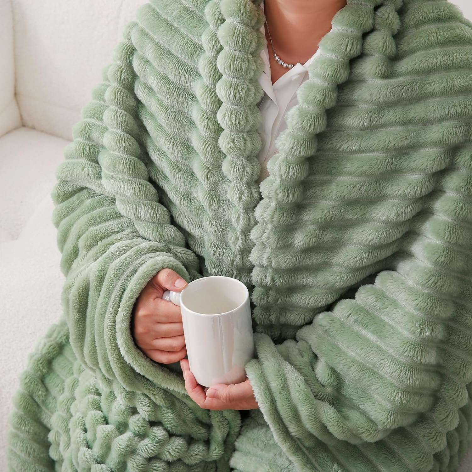 Sage Green Fleece Throw Blanket 50”×60” for Couch Sofa Bed,Super Soft Cozy Plush Microfiber Flannel Blanket with Stri... - Image 5